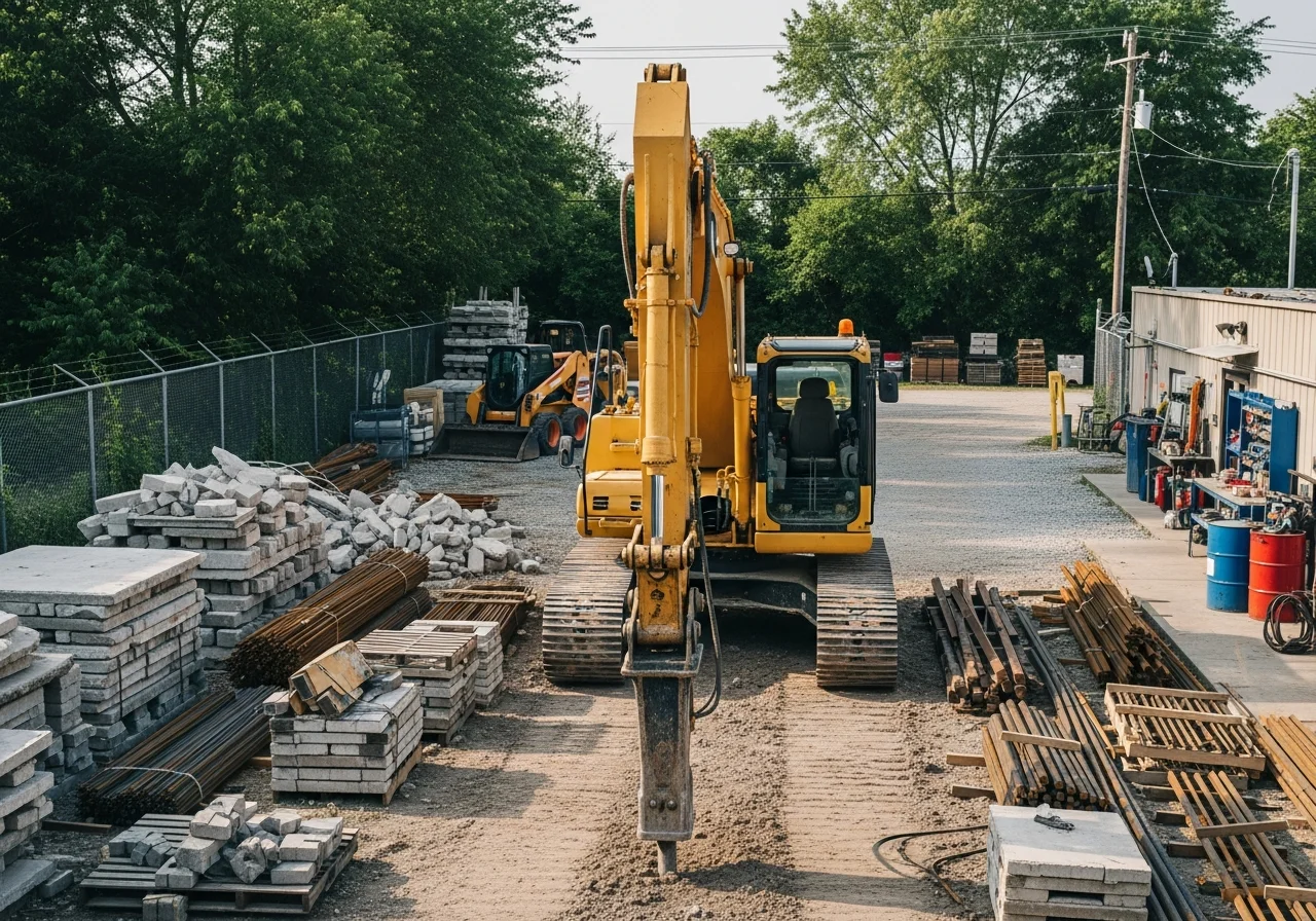 Excavation equipment and heavy machinery on a cleared job site, ready for demolition or site preparation work.