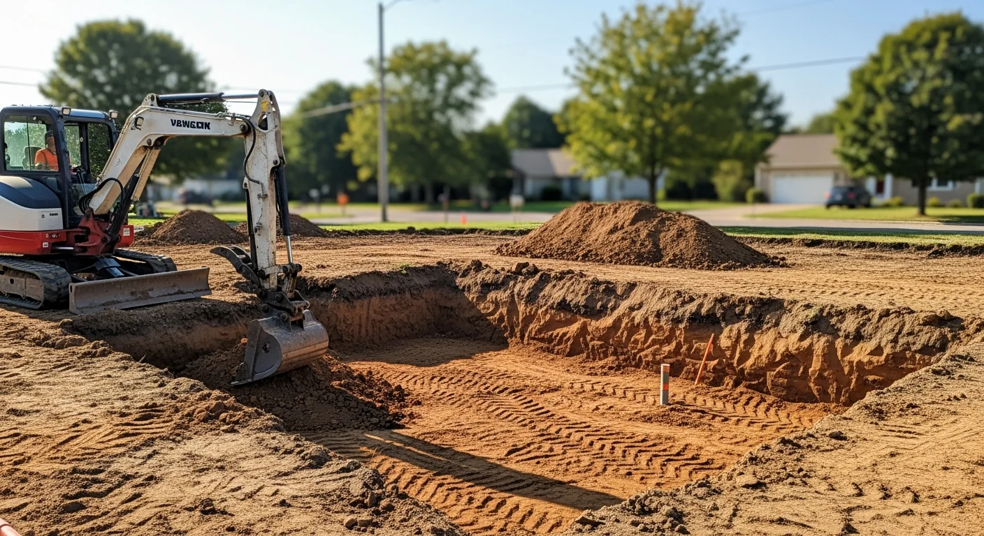 Excavation equipment preparing foundation for new home construction in St. Louis