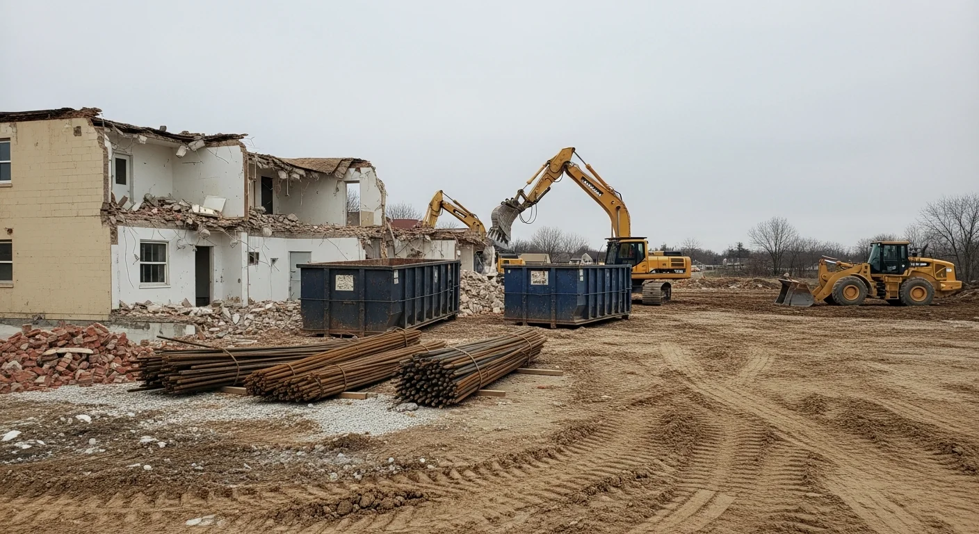 A residential structure in St. Louis County, MO being demolished by an excavator, with debris contained on site and surrounding lot visible. The cleared foundation area shows the property ready for grading after full building removal.