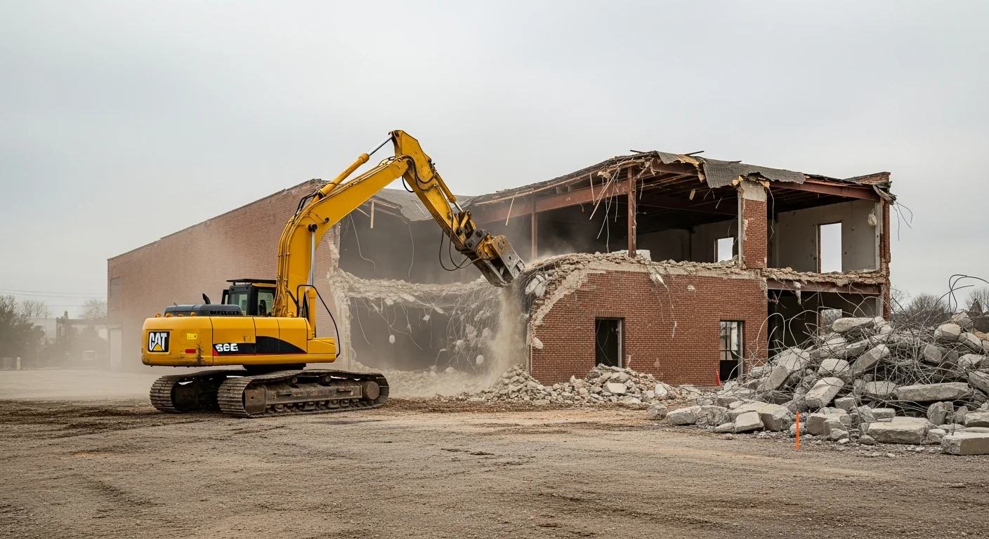 A commercial building in St. Louis County, MO being demolished by an excavator, with the structure partially removed and debris staged on the cleared lot. The surrounding site is fenced off and ready for grading after full structural removal.
