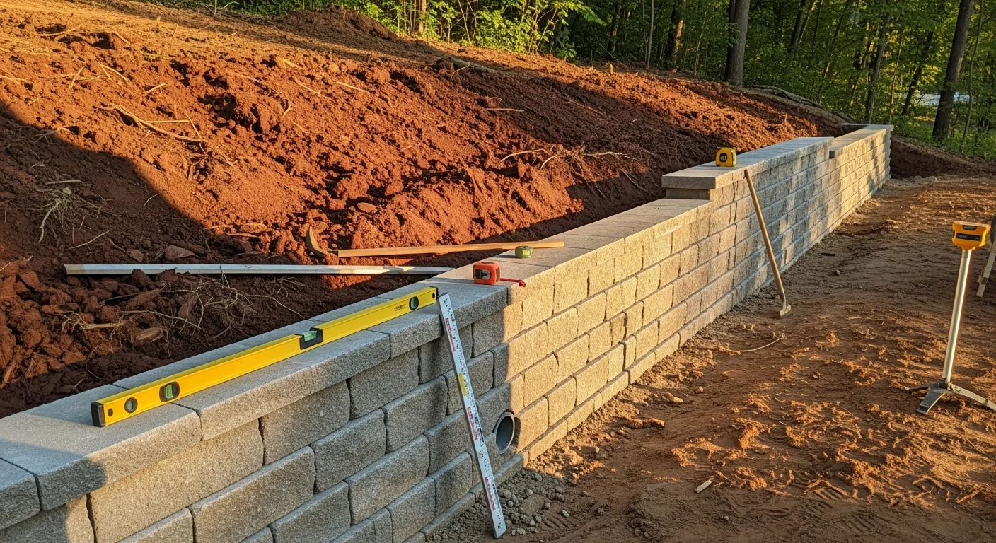 A completed engineered retaining wall on a sloped residential property in St. Louis County, MO, showing stacked structural wall sections with graded soil behind and a level yard surface above. The wall runs along a hillside with visible drainage integration at the base.