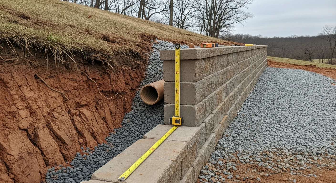 A newly completed erosion control retaining wall holding back a clay hillside on a residential property in St. Louis County, MO. The wall runs along a sloped backyard grade with compacted base material and drainage visible at the wall's base.