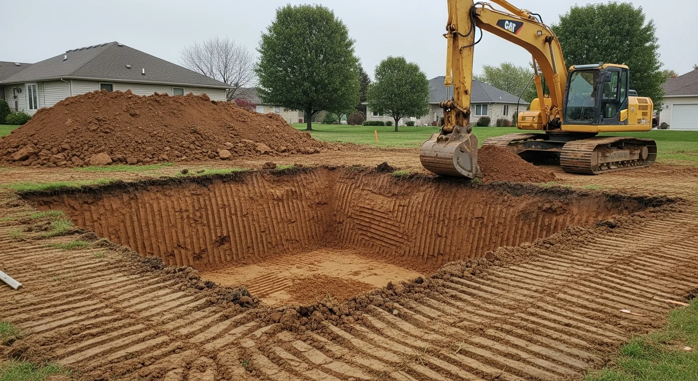 A residential garage excavation site in St. Louis County, MO, showing a cleanly cut and graded soil base ready for concrete forming. A compact excavator is staged at the edge of the dig area with spoil piled neatly to the side.