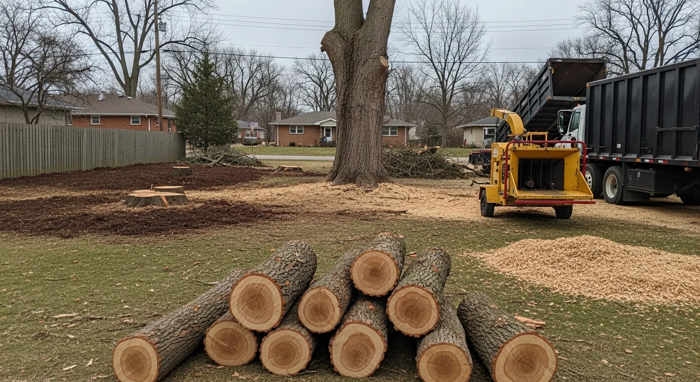 A large mature oak tree being sectioned and removed in a residential backyard in St. Louis County MO, with cut trunk sections on the ground and a cleared area around the base. A crew member operates rigging equipment near a two-story home with the tree positioned close to the roofline.