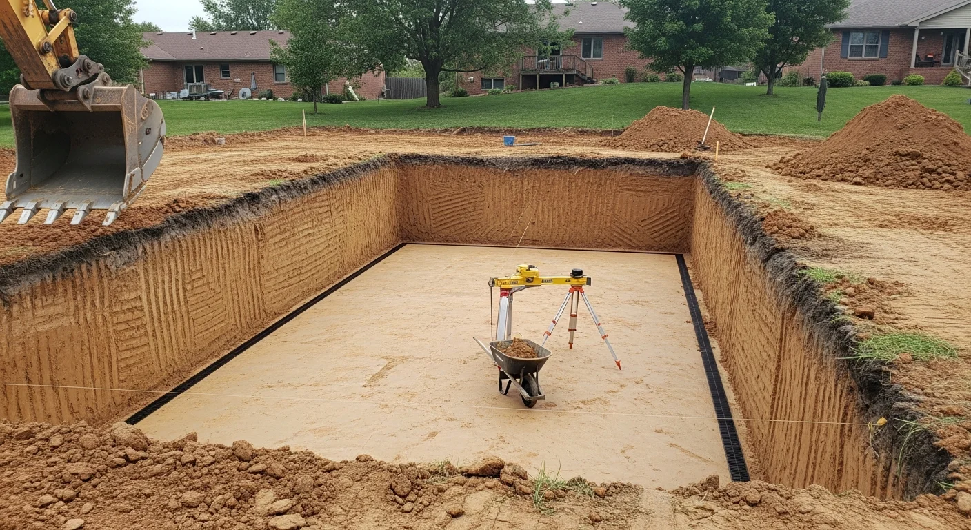 A freshly excavated rectangular inground pool basin in a residential backyard in St. Louis County, MO, with graded clay soil walls and a level basin floor ready for pool contractor handoff. A tracked excavator sits at the edge of the dig site with spoil piled to the side.